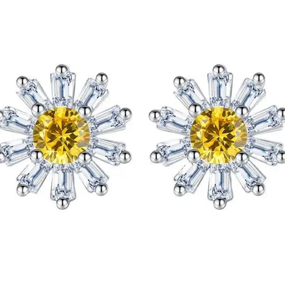 Yellow and White Round Crystal Sunflower 925 Sterling Overlay Earrings - Picture 3 of 7